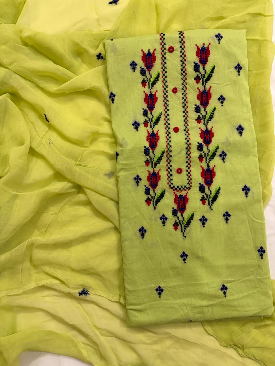 Light Lime Green & Red Floral Hand-Embroidered Lawn Suit – 3 Piece | Abrak