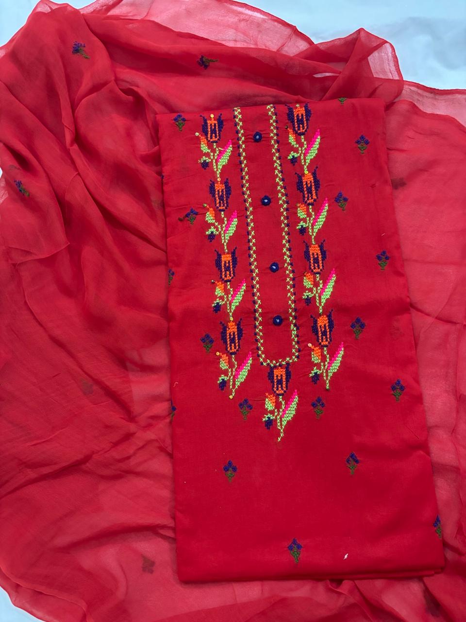 Red Multi-Color Hand-Embroidered Lawn Suit – 3 Piece | Abrak