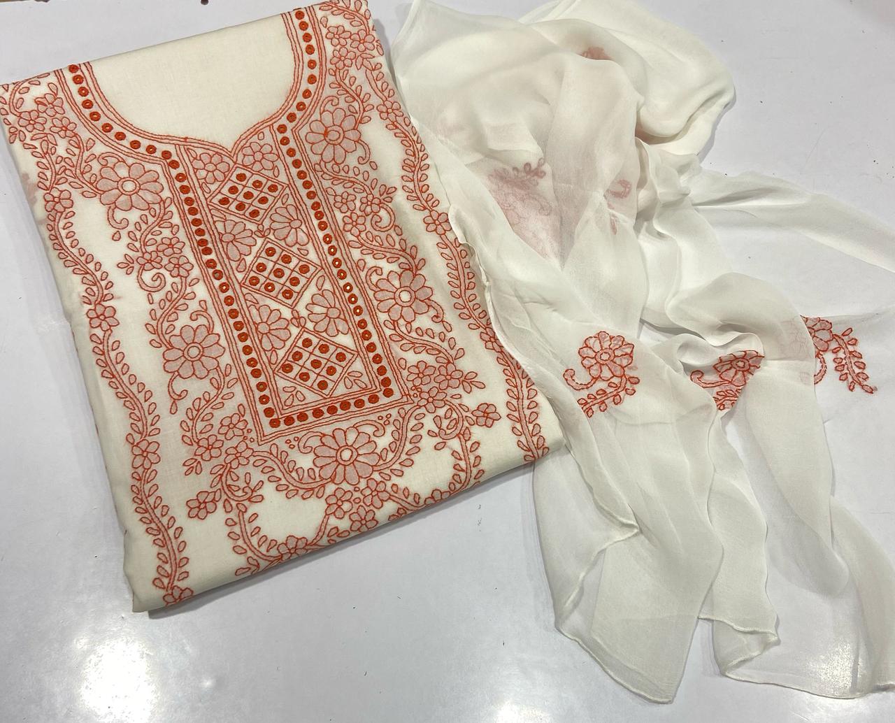 Cream & Terracotta Thread Embroidered Lawn Suit – 3 Piece | Abrak