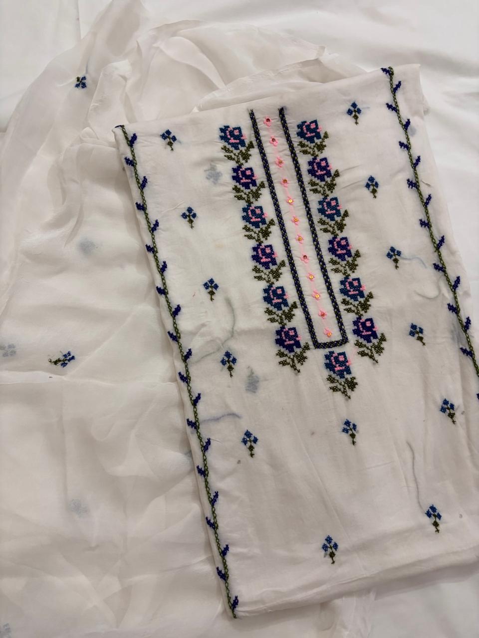 Red Multi-Color Hand-Embroidered Lawn Suit – 3 Piece | Abrak